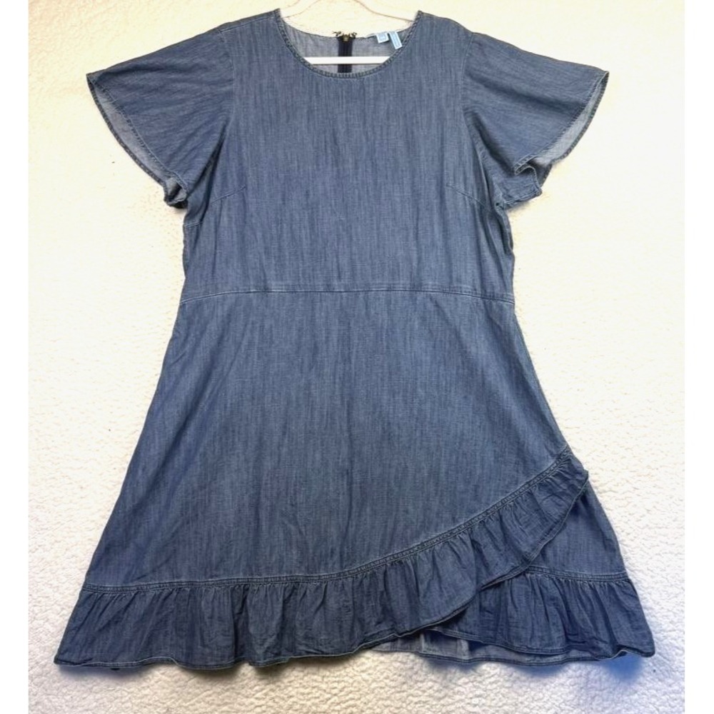 Draper James Dress Womens 20 Blue Chambray Ruffle Hem Flutter Sleeve Cotton